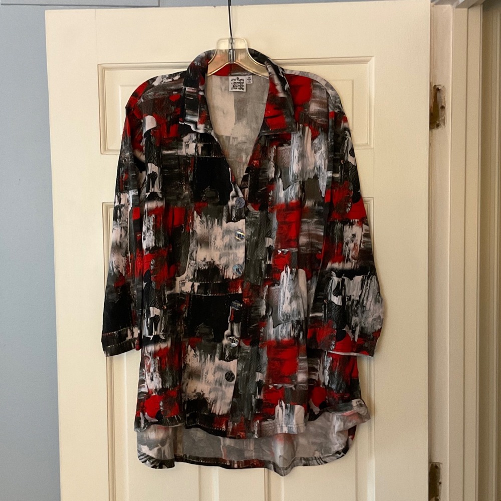 Parsley & Sage Abstract Black Red White Tunic Top 1X Lagenlook Artsy Art To Wear